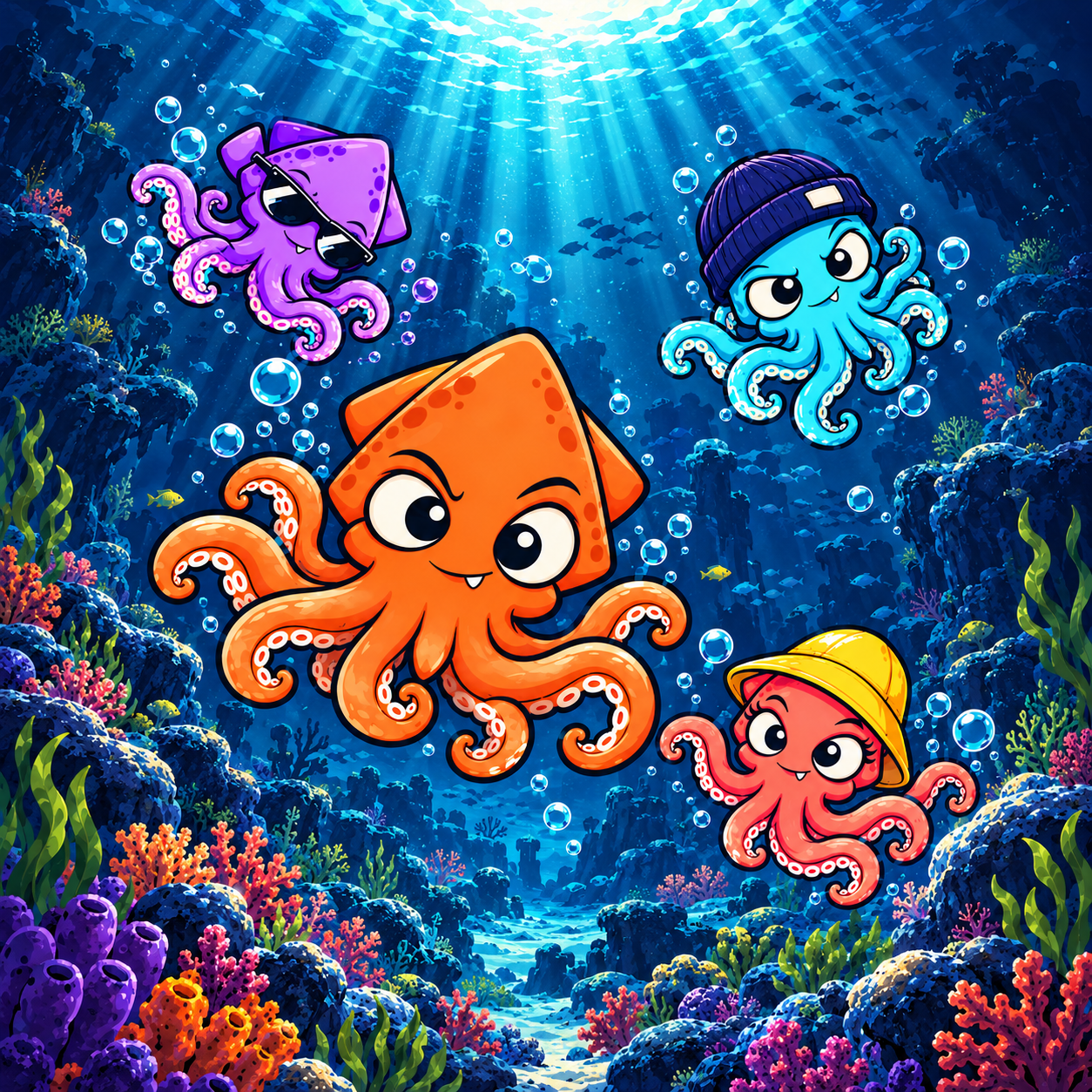 Four colourful SQWIDZ swimming above a coral reef beneath underwater sunbeams and bubbles