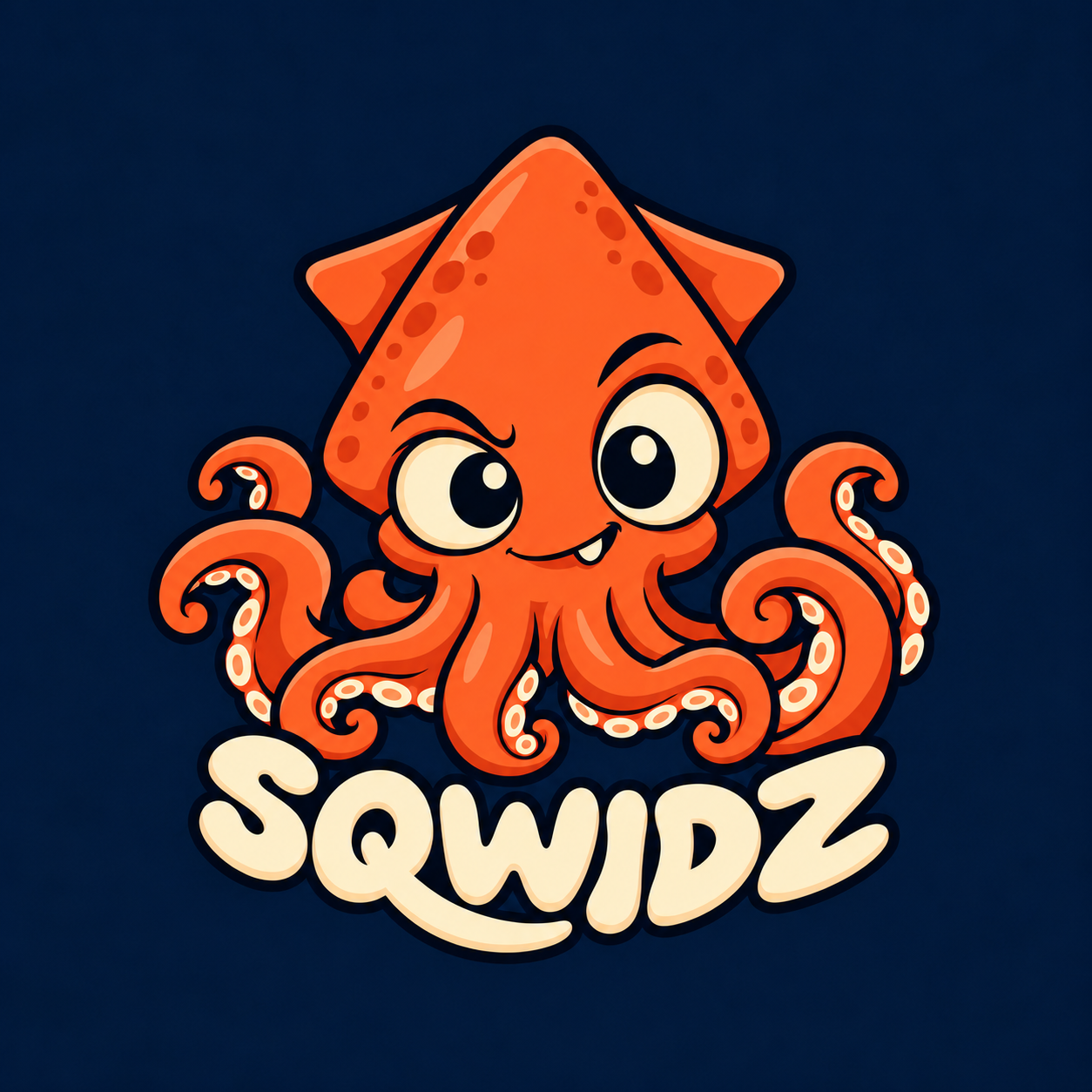 Orange SQWIDZ mascot smiling above the SQWIDZ wordmark